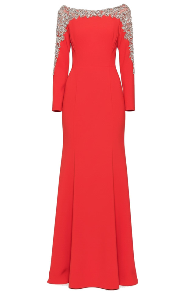 Long Sleeve Crystal Shoulders Maxi Dress Red