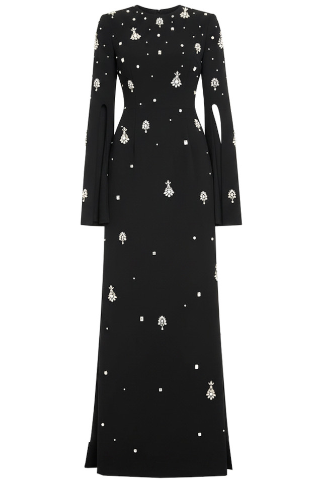 Long Cape Sleeve Crystal Maxi Dress Black