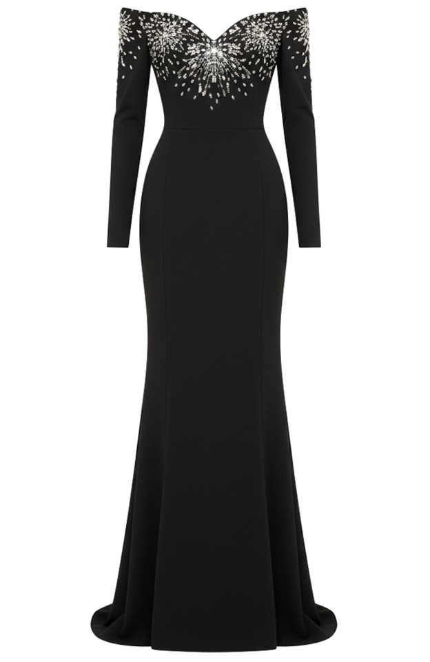 L'Appartement【SPORTY&amp;RICH】BARDOT LONG SL Long Sleeve Bardot Maxi Dress Black White - Luxe Maxi Dresses and