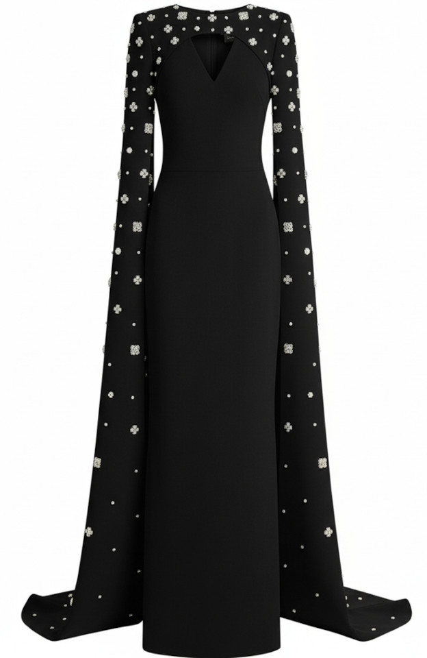 Crystal Cape Sleeve Maxi Dress Black