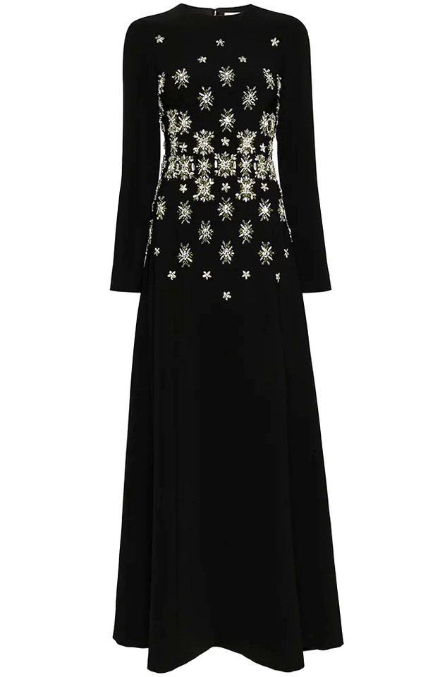 Long Sleeve Crystal Detail A Line Maxi Dress Black