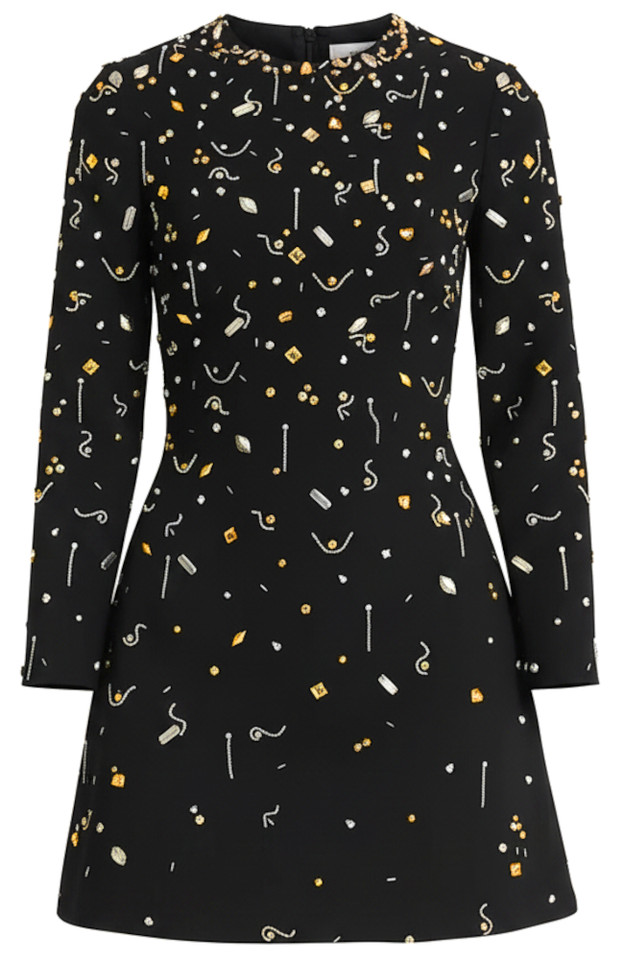 Long Sleeve Crystal Embellished A Line Dress Black