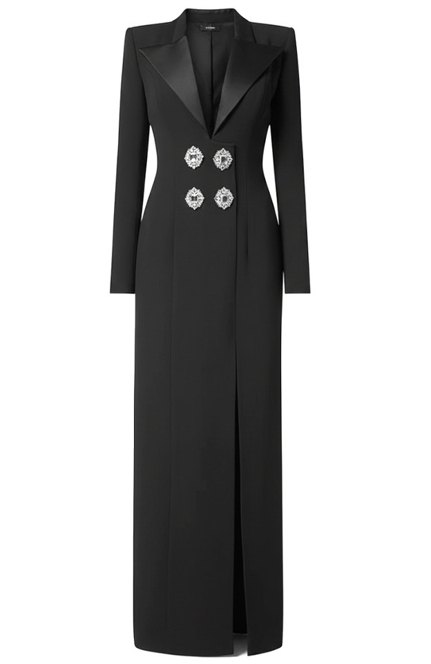 Long Sleeve Crystal Button Maxi Coat Dress Black