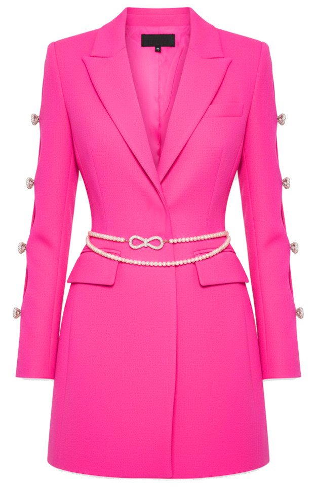 Long Sleeve Pearl Crystal Bow Blazer Dress Hot Pink