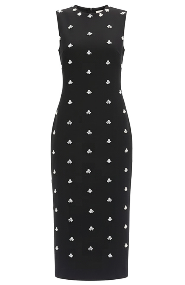 Crystal Pearl Embellished Midi Dress Black