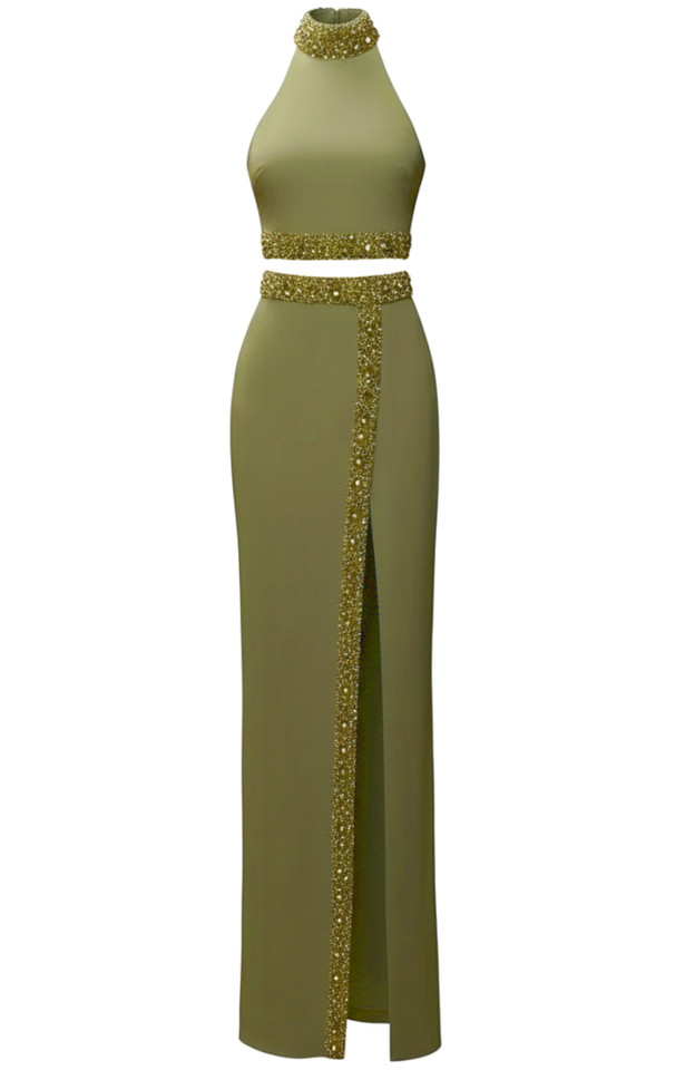 Halter Embellished Trim Two Piece Maxi Dress Green