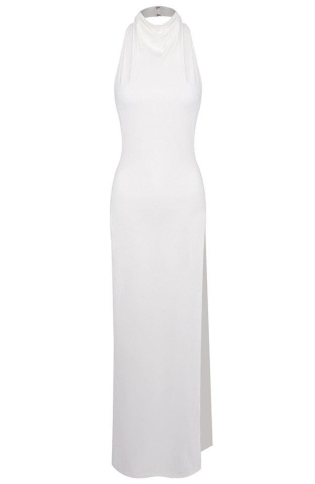 Halter Crystal Detail Backless Maxi Dress White