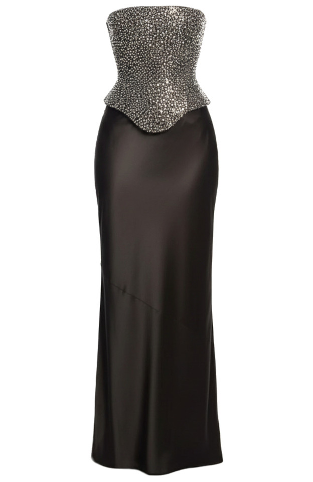 Strapless Crystal Corset Two Piece Maxi Dress Black Strapless Crystal Corset Two Piece Maxi Dress Black