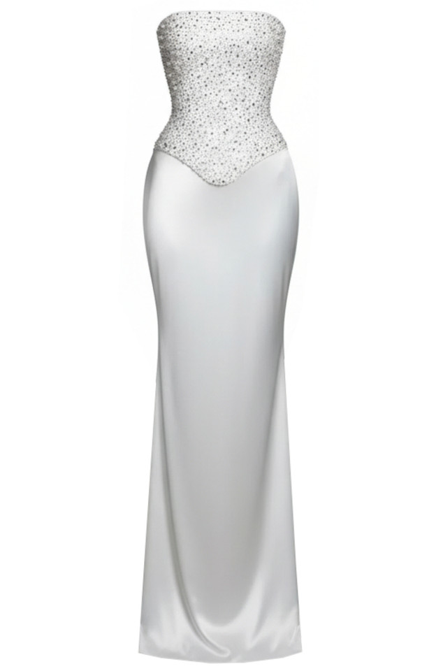 Strapless Crystal Corset Two Piece Maxi Dress White