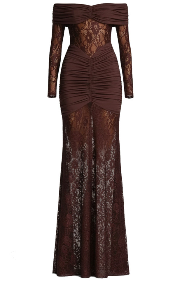 Long Sleeve Draped Bardot Lace Maxi Dress Brown Long Sleeve Draped Bardot Lace Maxi Dress Brown