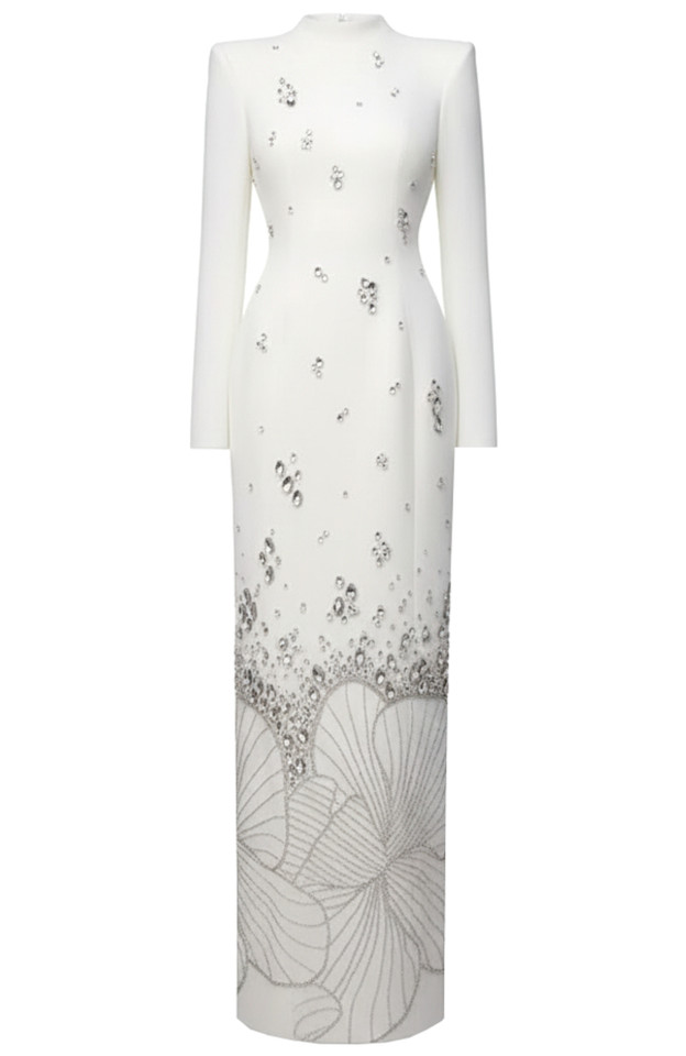 Long Sleeve Crystal Flower Maxi Dress White