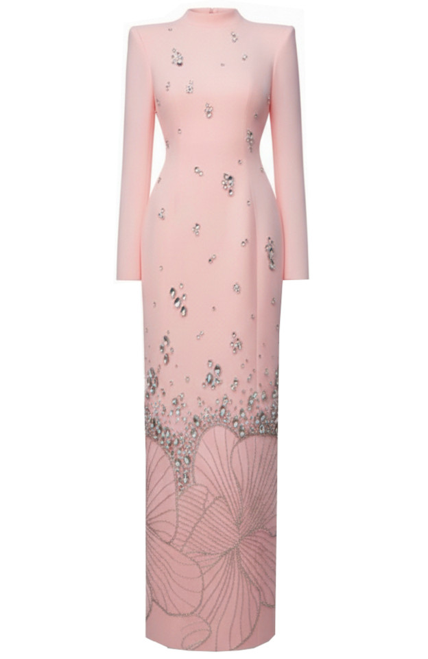 Long Sleeve Crystal Flower Maxi Dress Pink Long Sleeve Crystal Flower Maxi Dress Pink