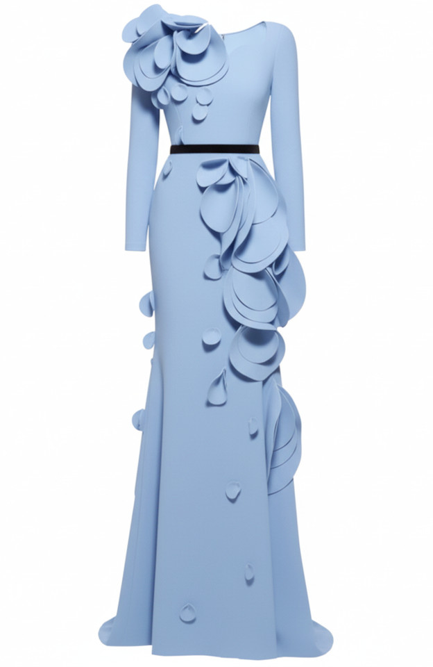 Long Sleeve Petal Detail Maxi Dress Blue