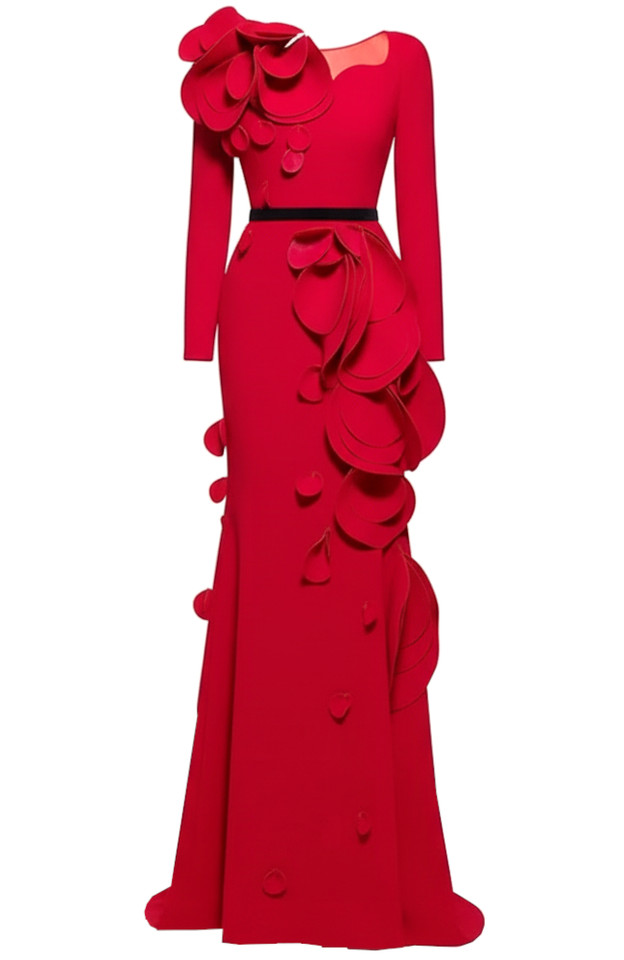Long Sleeve Petal Detail Maxi Dress Red Long Sleeve Petal Detail Maxi Dress Red