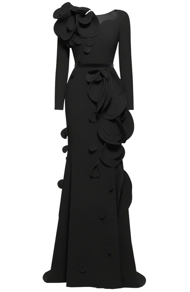 Long Sleeve Petal Detail Maxi Dress Black