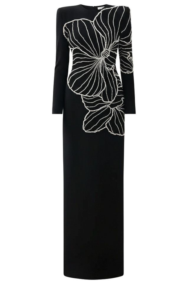 Long Sleeve Crystal Floral Embellished Maxi Dress Black