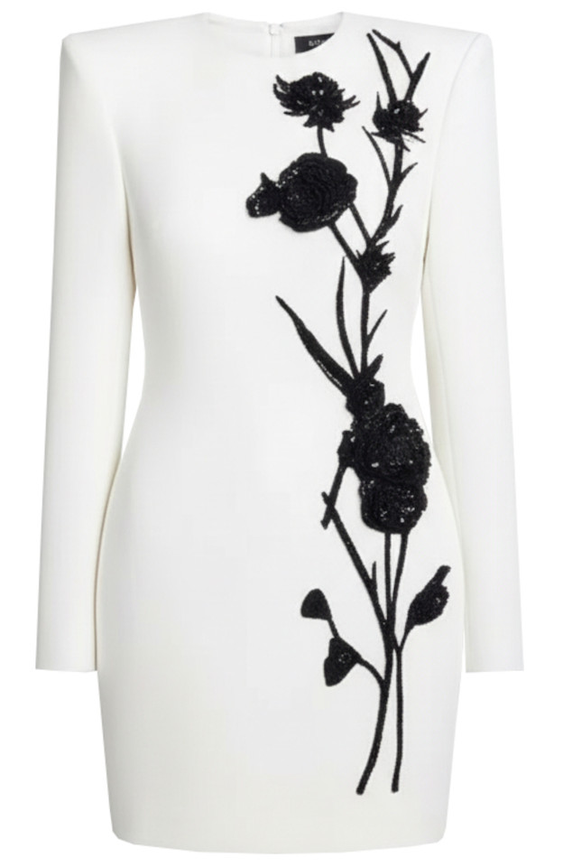 Long Sleeve Sequin Floral Detail Dress White