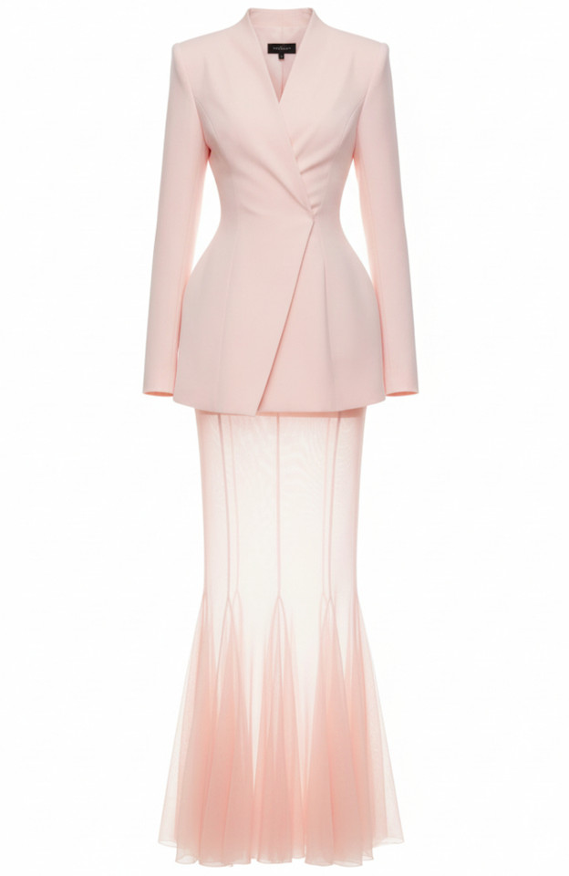 Long Sleeve Mesh Maxi Two Piece Dress Pink