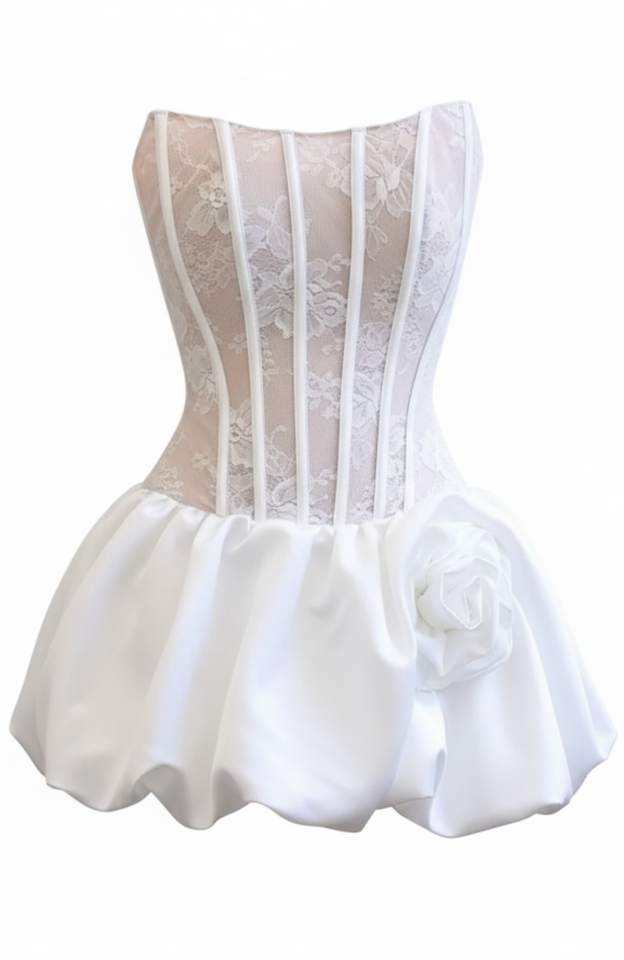 Strapless Floral Lace Corset Puff Dress White