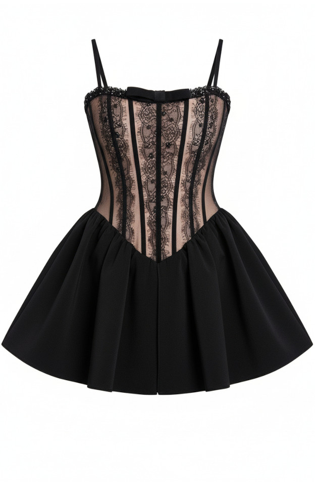 Bow Detail Lace A Line Dress Black