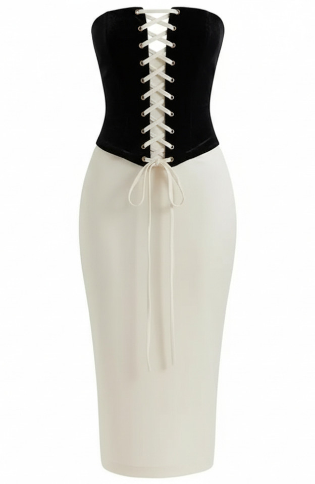 Strapless Corset Two Piece Midi Velvet Dress Black Ivory