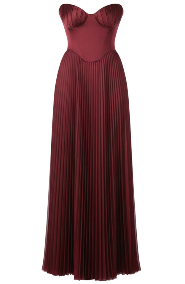 Strapless Bustier Pleated A Line Maxi Dress Burgundy