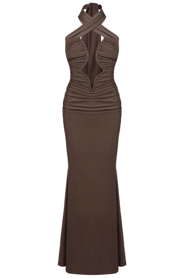 Halter Ruched Maxi Dress Brown