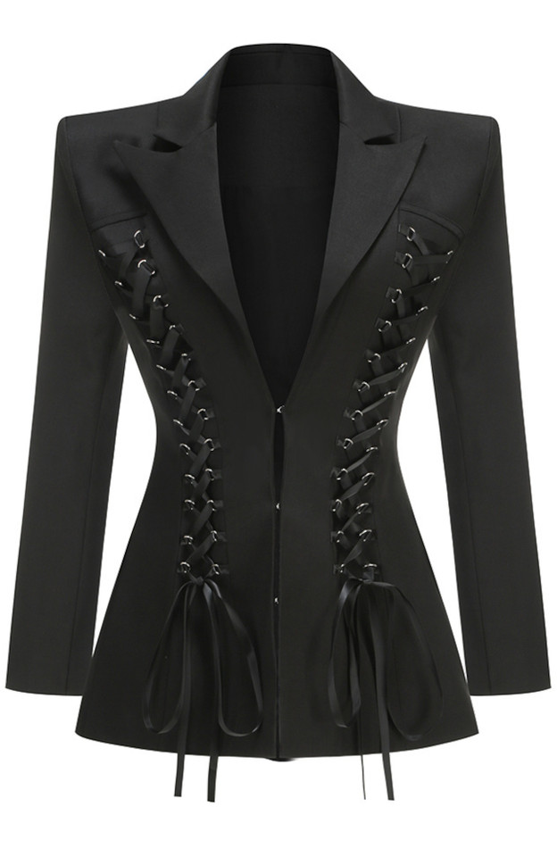 Long Sleeve Lace Up Detail Blazer Dress Black