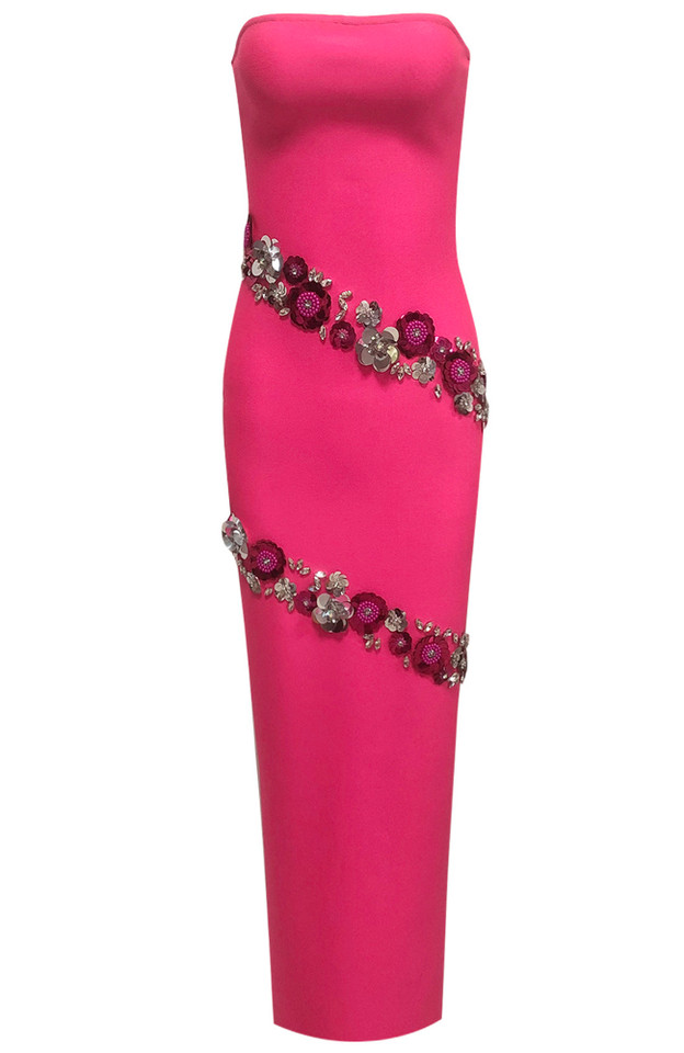 Strapless Crystal Floral Detail Maxi Dress Hot Pink