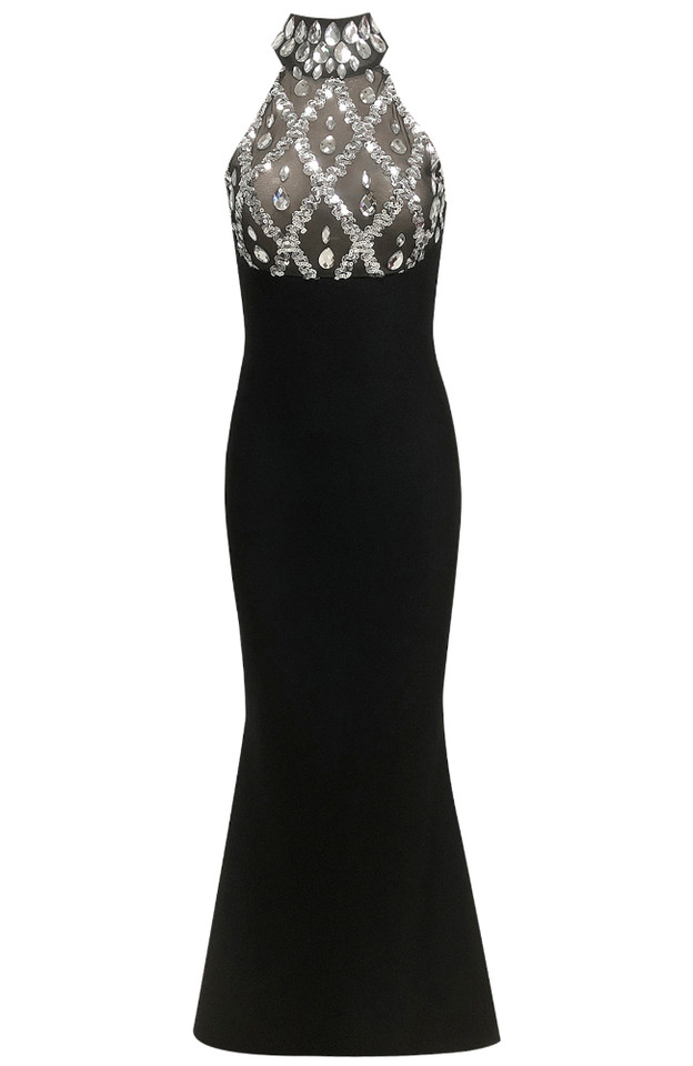Halter Crystal Mermaid Maxi Dress Black