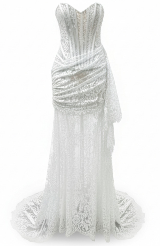Strapless Draped Lace Corset Maxi Dress White
