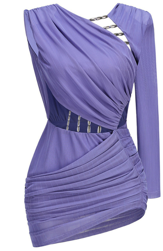 One Sleeve Draped Cut Out Dress Purple