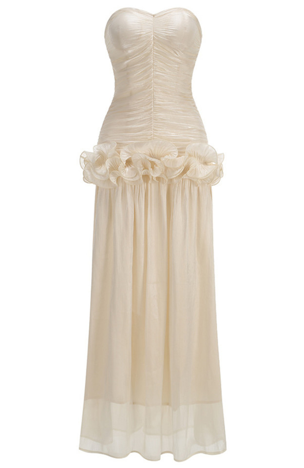 Strapless Draped Ruffle Maxi Dress Ivory