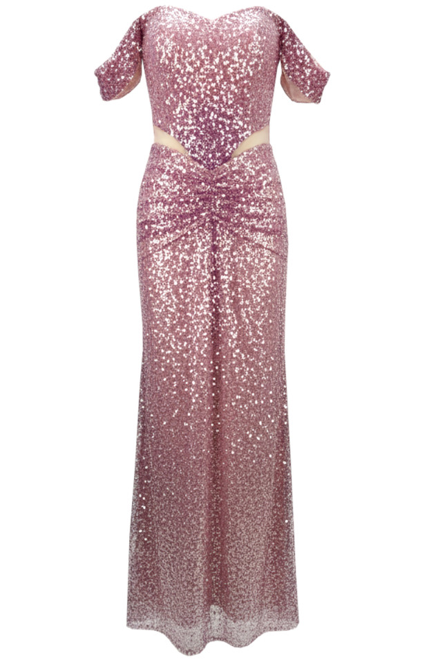 Sequin Bardot Draped Maxi Dress Pink