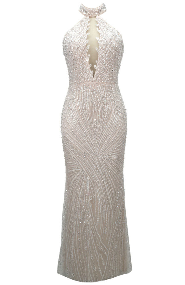 Halter Pearl Sequin Maxi Dress White Nude