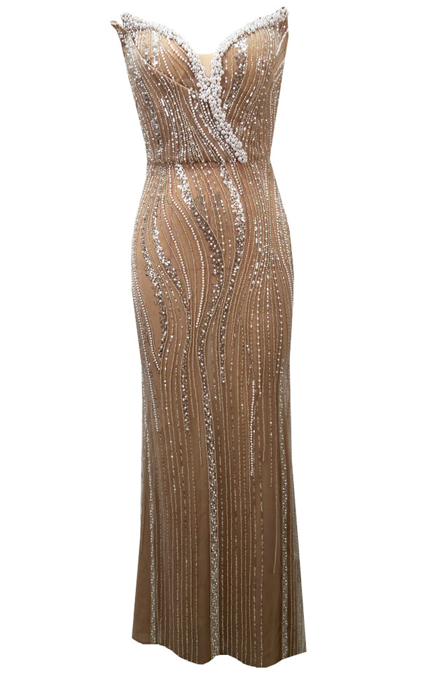 Strapless Sequin Pearl Embellished Maxi Dress Nude
