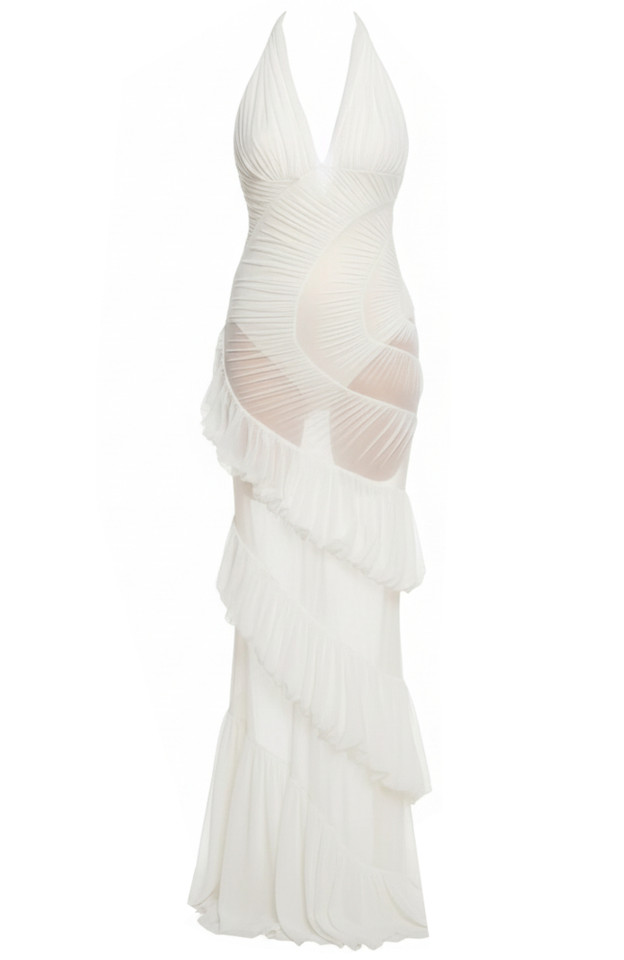 Halter Ruched Ruffle Maxi Dress White