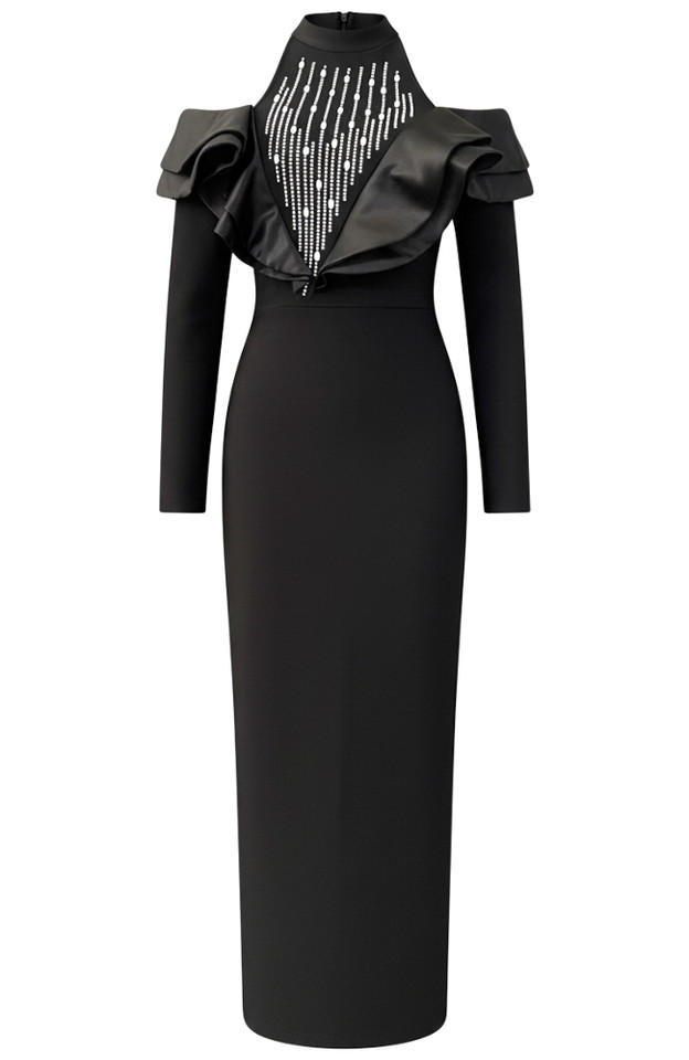 Long Sleeve Crystal Ruffle Detail Maxi Dress Black