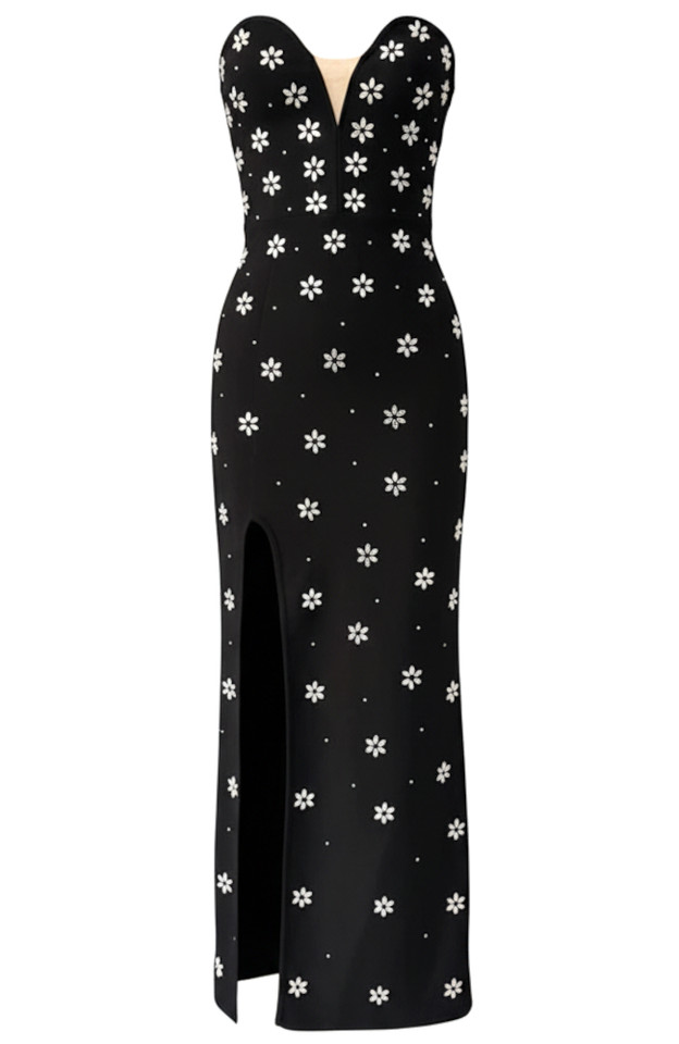 Strapless Crystal Flower Detail Maxi Dress Black