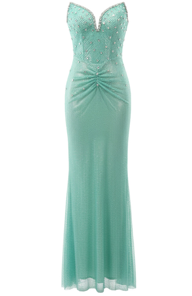 Strapless Crystal Sparkly Maxi Dress Green