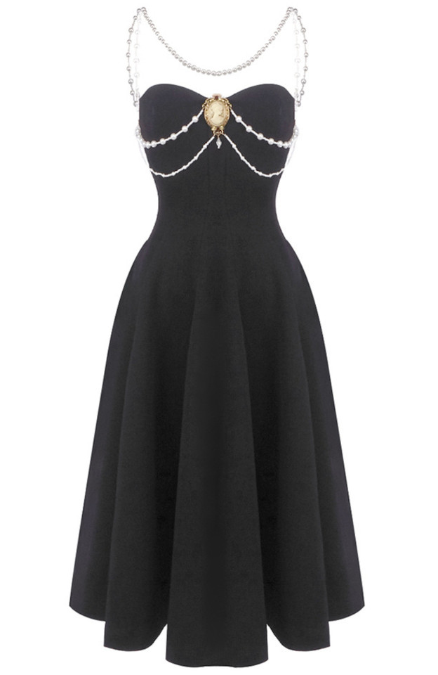 Pearl Detail A Line Midi Dress Black