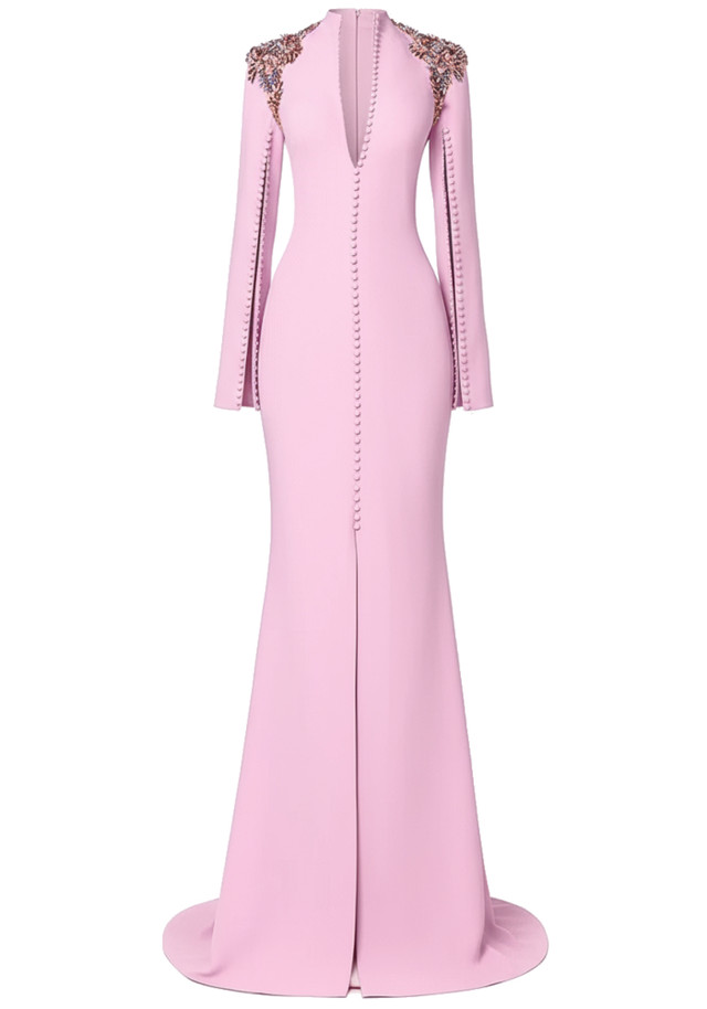 Long Sleeve Crystal Shoulders A Line Maxi Dress Pink