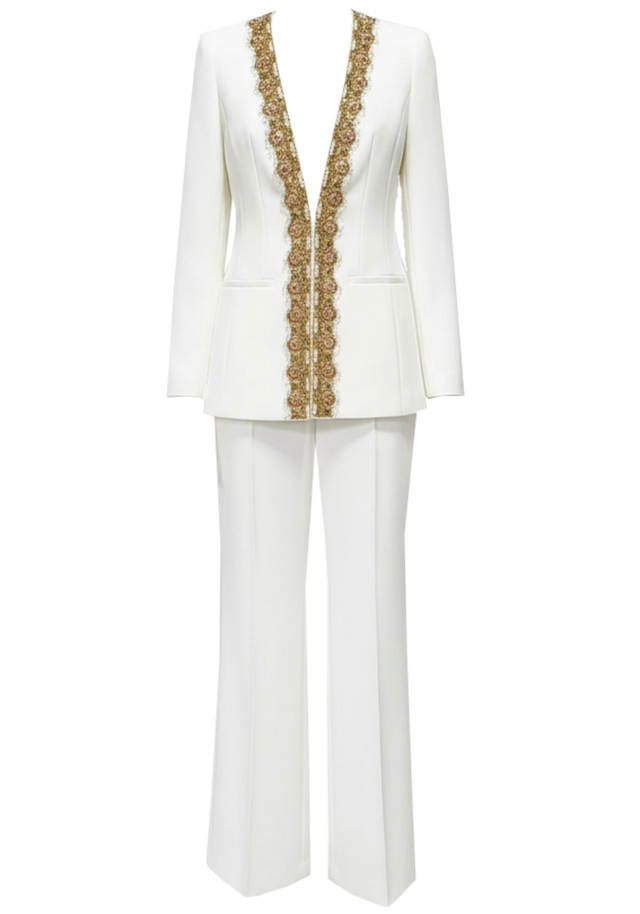 Long Sleeve Embellished Neckline Suit White