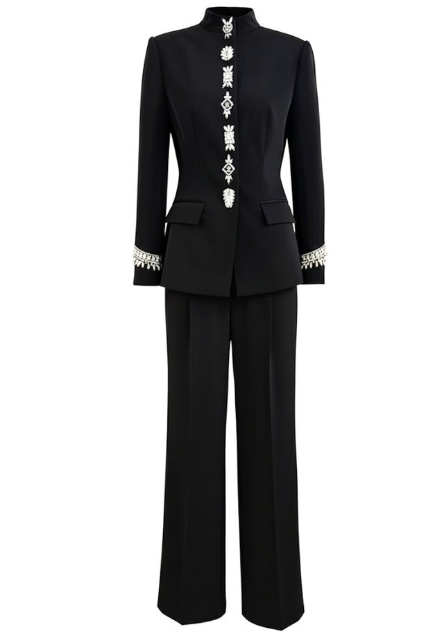 Long Sleeve Crystal Detail Suit Black