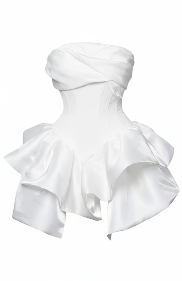 Strapless Draped Ruffle Dress White Strapless Draped Ruffle Dress White
