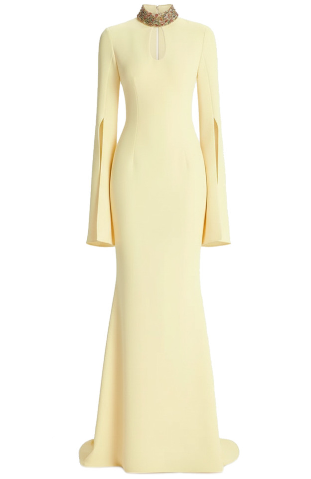 Long Sleeve Embellished Neck Maxi Dress Yellow