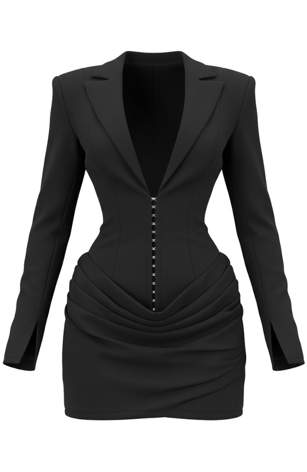 Long Sleeve Draped Blazer Dress Black