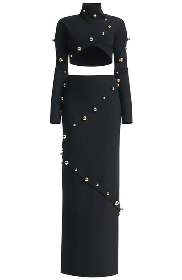 Long Sleeve Studded Two Piece Maxi Dress Black