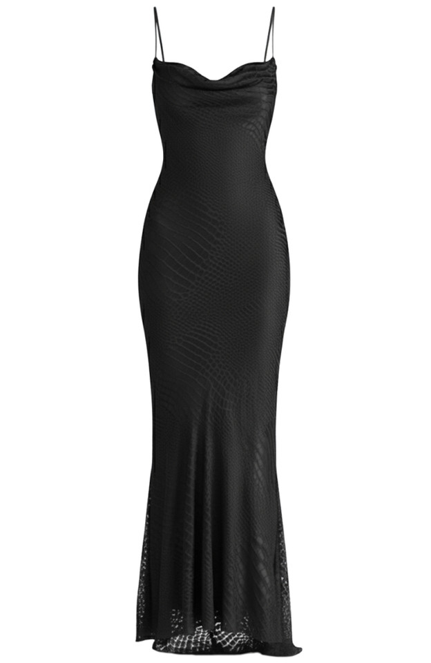 Snake Print Draped Maxi Dress Black