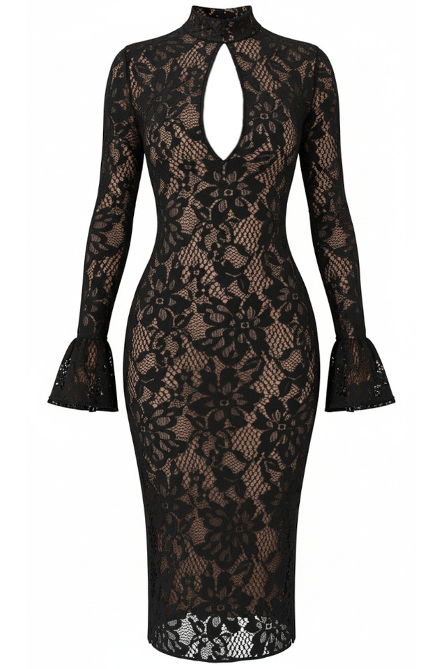 Long Sleeve Cut Out Detail Lace Midi Dress Black